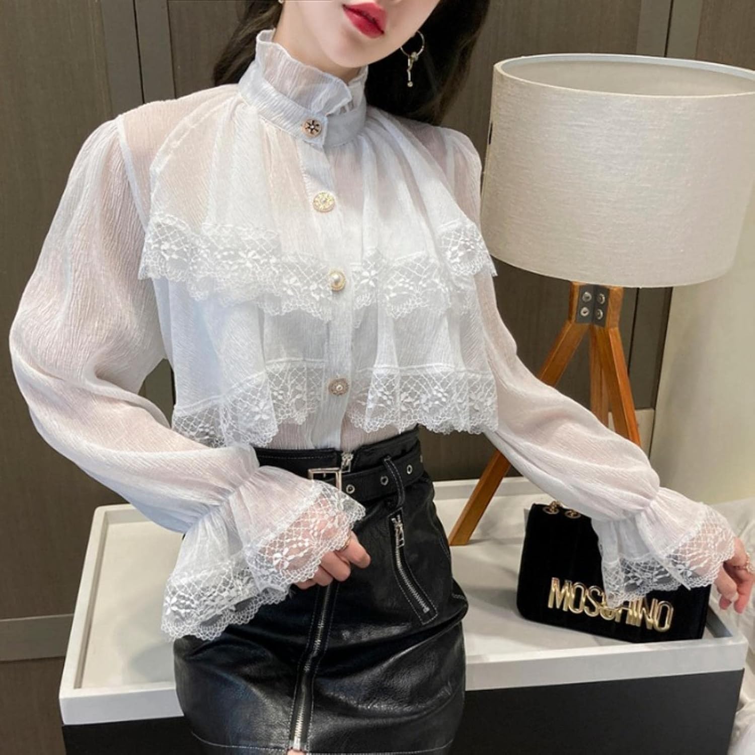 Weiß Viktorianisch Bluse Langarm Gothic Schnürkorsett Top Frauen Büro Renaissance Vintage Party Goth Rüschen Lolita Hemden, Apricot, M