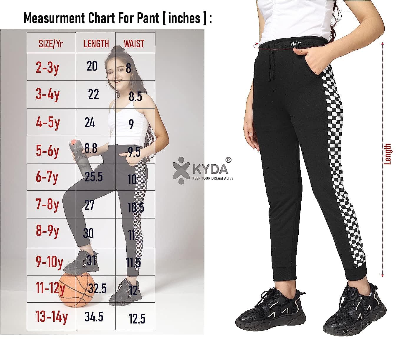 KYDA Kids® Trainingshose für Mädchen, 100 % Baumwolle, Schachdruck, elastischer Bund, normale Passform, weich, atmungsaktiv, Kinder-Freizeitkleidung mit Seitentaschen, mehrfarbig, 2 Stück