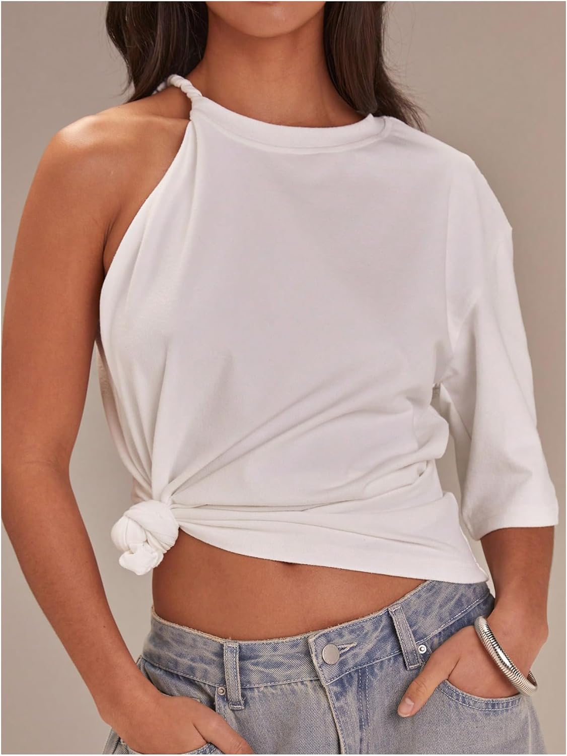 SOLY HUX Women's One Shoulder T Shirt Crew Neck Short Sleeve Tee Dressy Casual Summer Asymmetrical Tops