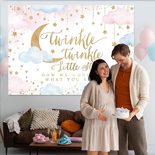 Miniatura 2 de Mocsicka Twinkle Twinkle Little Star - Telón de fondo de revelación de género para fiesta de niño o niña, decoración de fondo rosa y azul, nubes y