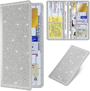 Car Registration & Insurance Card Holder Leather Auto Glove Box Organizer Document Wallet with Magnetic Shut (Large-Glitter Silver)