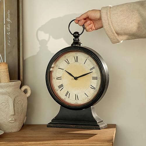 Miniatura 2 de NIKKY HOME Reloj de mesa negro vintage para chimenea, silencioso, sin tictac, funciona con pilas, gran estante de escritorio, reloj de metal para