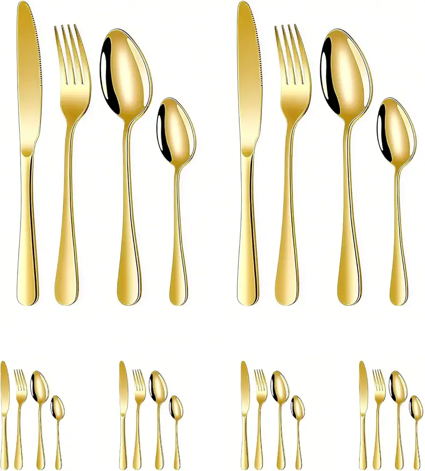 Conjunto de Talheres Dourados 24 Peças - Kit Completo para 6 Pessoas em Aço Inoxidável com Acabamento Uniforme