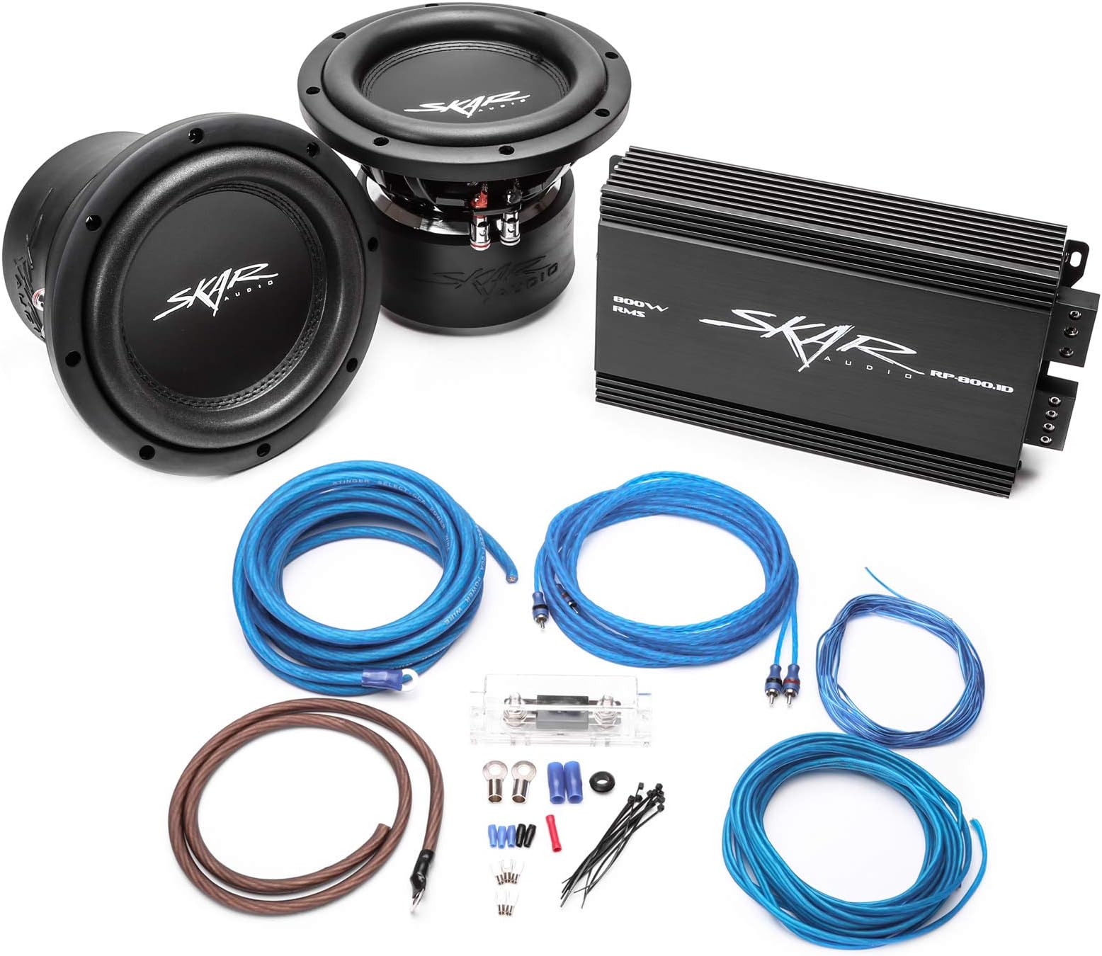 Skar Audio (2) VVX-8V3 D4 800 Watt Max Power 8" Subwoofers with RP-800.1D Monoblock Sub Amplifier + 4 Gauge Amp Kit