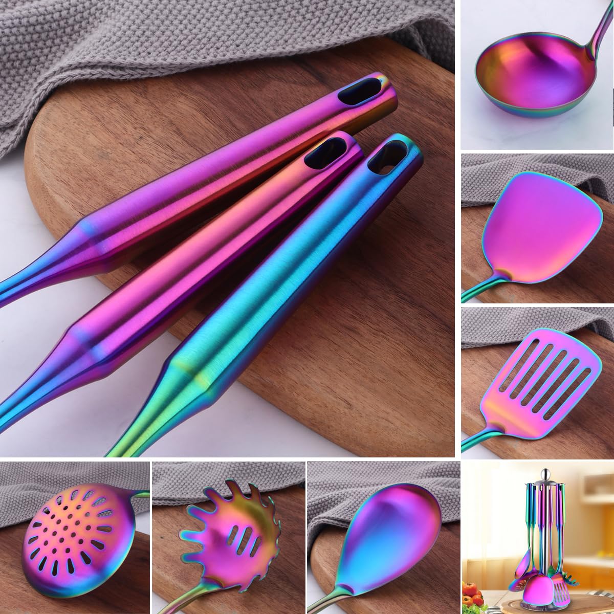 Edelstahl Kochutensilien Set 6 teilig mit 1 Ständer, Kochbesteck Set, 1 Wok-Spatel, 1 Geschlitztem Tuner, 1 Schaumlöffel, 1 Reislöffel, 1 Suppenlöffel, 1 Pasta Server (Regenbogen)