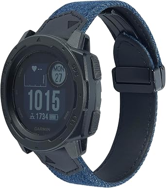 GARTOO Watch Band for Instinct/Instinct 2 Solar Bands, Soft Denim Canvas with Genuine Leather Sweatproof Wrist Strap for Instinct Tactical/Tide/Esports/Instinct Solar-Max Wrist 8.6"