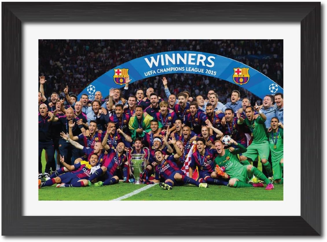 TenorArts FC Barcelona UCL 2015 Moments Laminated Poster Framed Painting with Matt Finish Black Frame (12 inches x 9inches) [Redesigned with Thick Textured Frames]