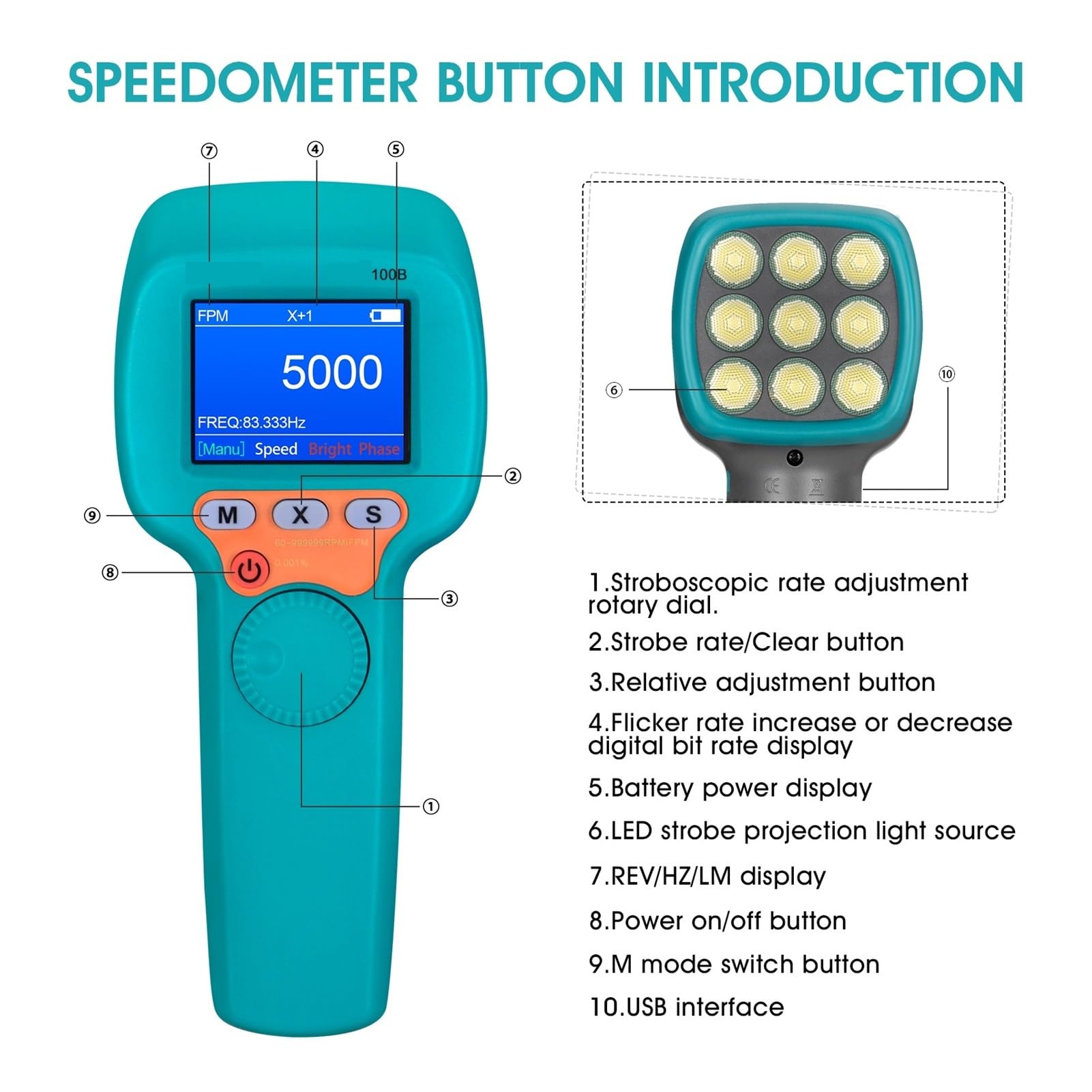 Tacómetro de luz estroboscópica, estroboscópico, medida sin contacto, velocidad de 60-999999 RPM/FPM con precisión del 0.001%, velocímetro de mano Posicionamiento preciso