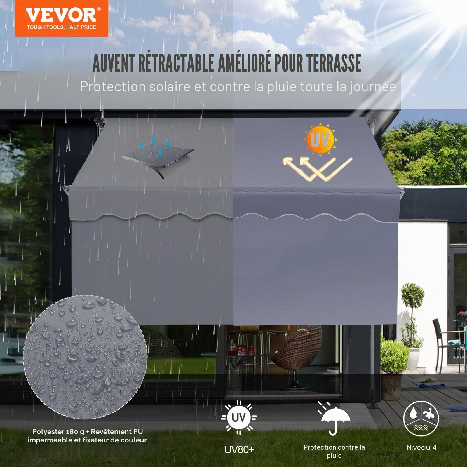 VEVOR Auvent Rétractable 3 x 1,2 m Store Banne Manuel Terrasse Extérieur Hauteur Réglable Résistant au Vent/UV Auvent avec Rideau Pare-Soleil 1 m et Manivelle pour Patio, Arrière-Cour, Jardin, Balcon