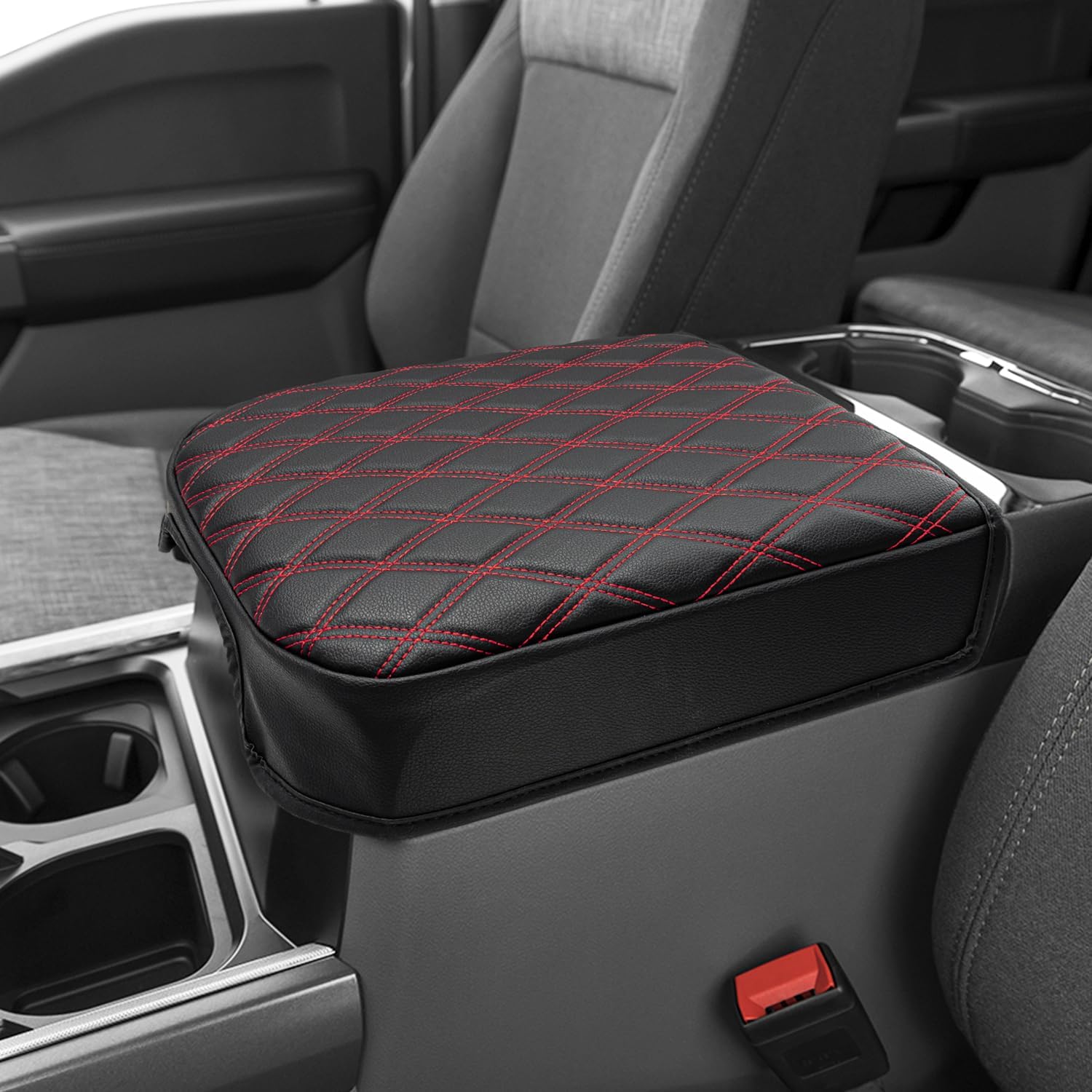KBH Center Console Armrest Cover for Ford F250 F350 F450 F550 2023 2024 2025 2026, Bucket Seat Console, Super Duty Accessories, Arm Rest Lid Cushion Covering, Anti-Scratch, Black-Red Stitch