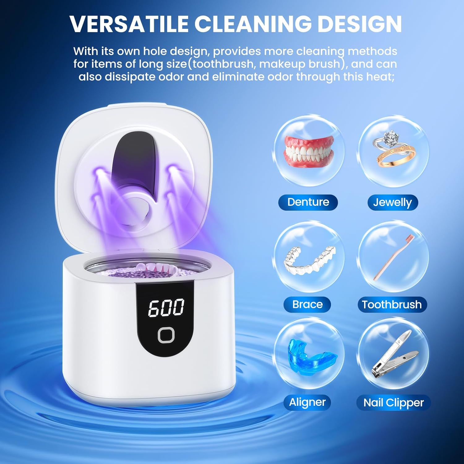 Ultrasonic Retainer Cleaner Machine, Upgraded 45kHz Denture Cleaner for Mouth Guard Braces, Night Guards, Toothbrush Heads & Jewlery with 200ML, 4 Modes and Digital Timer Dental Cleaning Pod(White) - Image 7