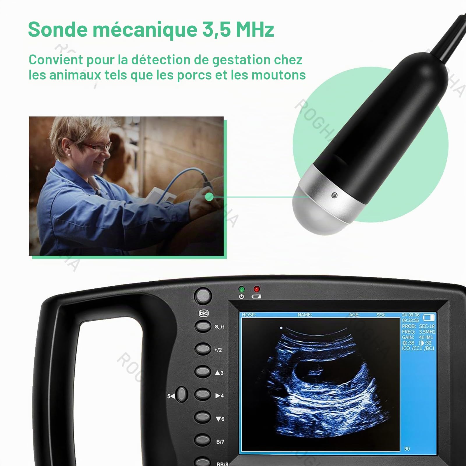 échographe Manuel avec Sonde 3.5 MHz Echographie Appareil Grossesse Machine à Ultrasons Vétérinaire avec Sonde 5.6 Pouces,pour Porcs Et Moutons