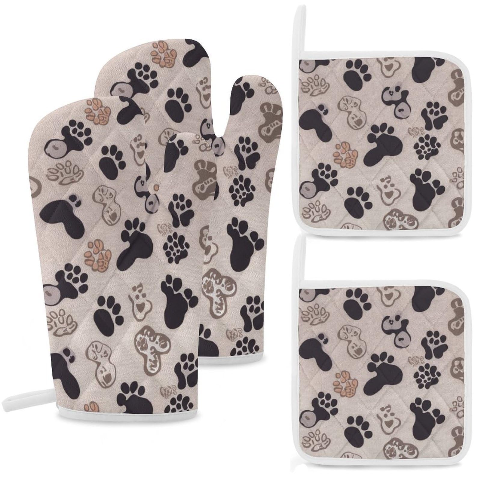 Oven Mitts and Pot Holders Set of 4 Heat Resistant Non-Slip Kitchen Gloves Hot Pads Dog Puppy Paw Mittens Gloves Non-Slip Potholders for Cooking Baking Grilling BBQ