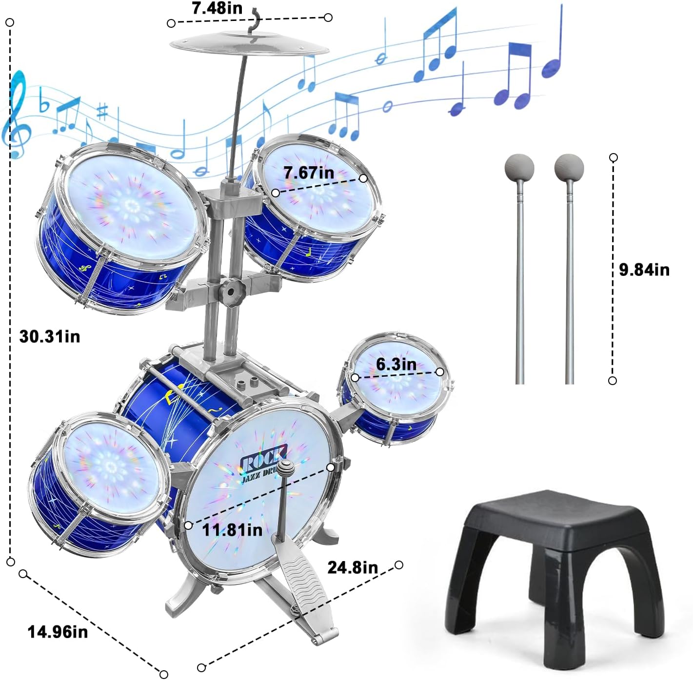 Kids Jazz Drum Set with Flashing Lights & Music – Interactive 5-Piece Drum Kit with Stool & Drumsticks, Early Musical Educational Toy for Boys and Girls