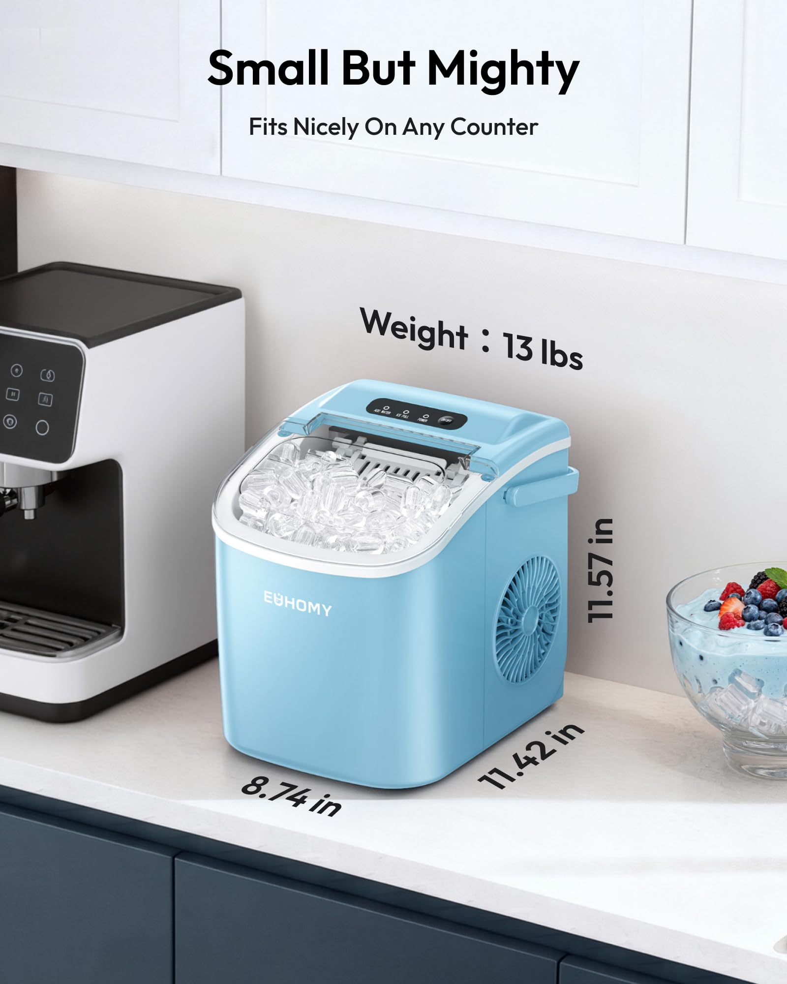 EUHOMY Countertop Ice Maker Machine with Handle, 26lbs Per Day, 9 Ice Cubes Ready in 6 Mins, Auto-Cleaning Portable Ice Maker with Basket and Scoop, for Home/Kitchen/Camping/RV (Blue) view 7