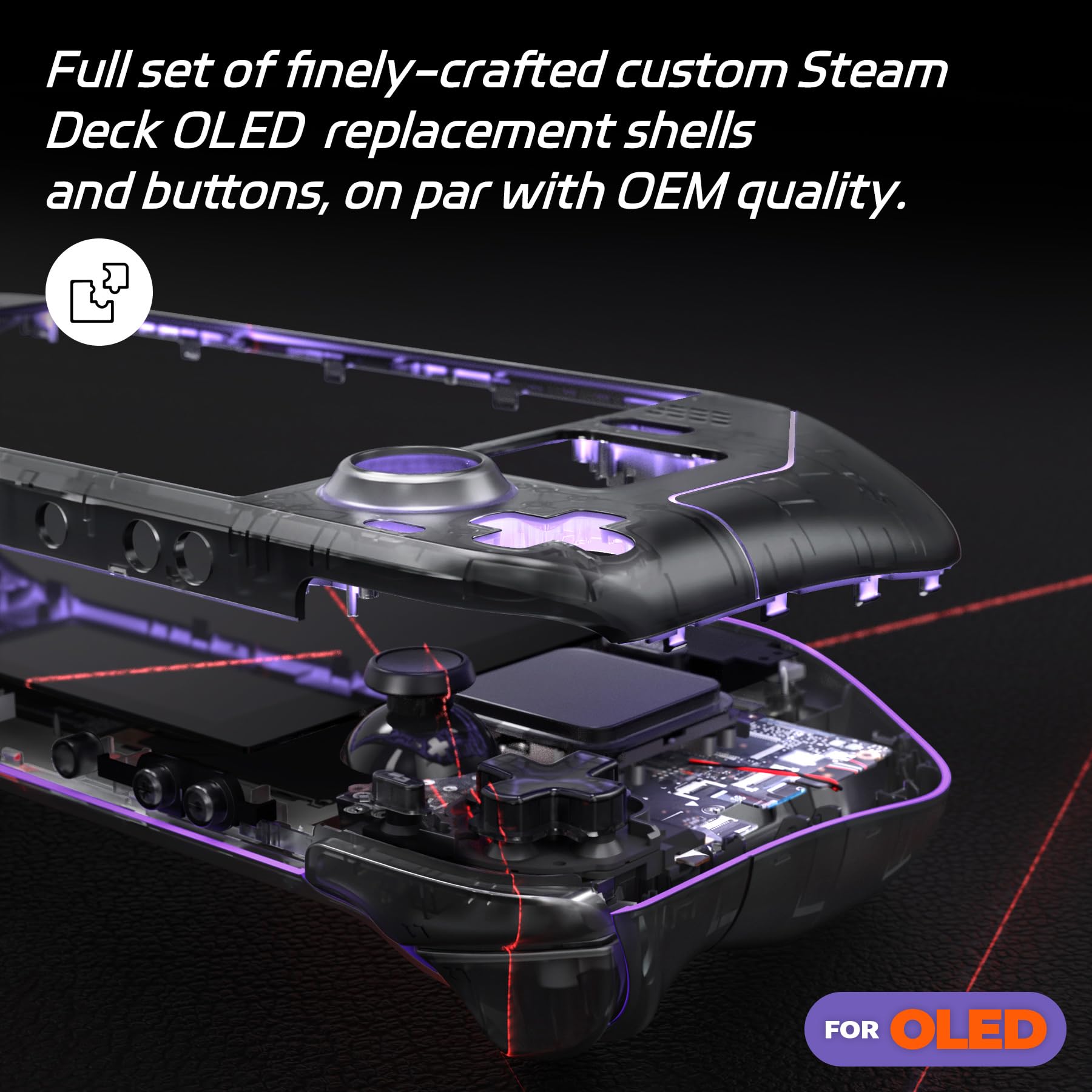 eXtremeRate Coque pour Steam Deck OLED Console avec Boutons,Coque Avant Plaque Arrière pour Steam Deck OLED et Boutons Remplacement-Noir Transparent(sans Console)