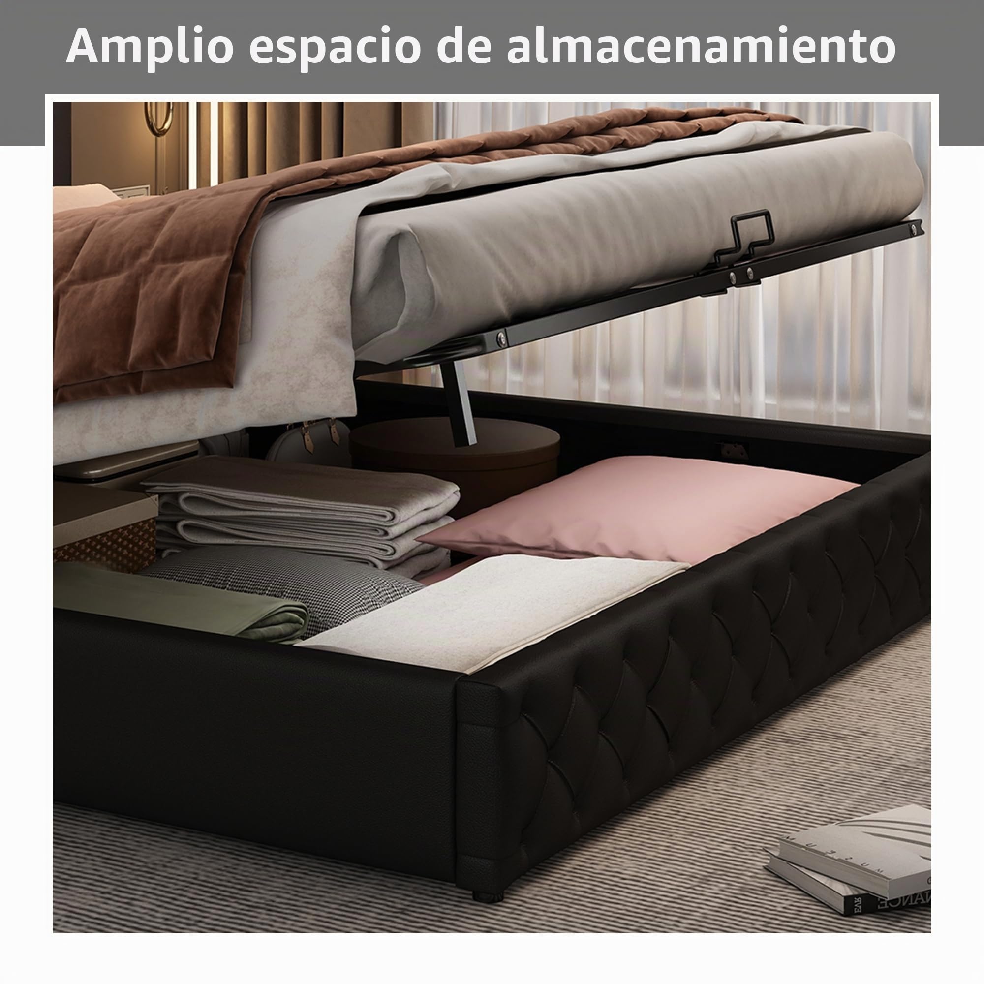 Cama Tapizada Camas Matrimoniales 180x200 con Luces LED Cabecero, Estructura de Cama Doble con Espacio de Almacenamiento Hidráulico, Camas Somier con Láminas Madera, Sin Colchón, PU, Negro