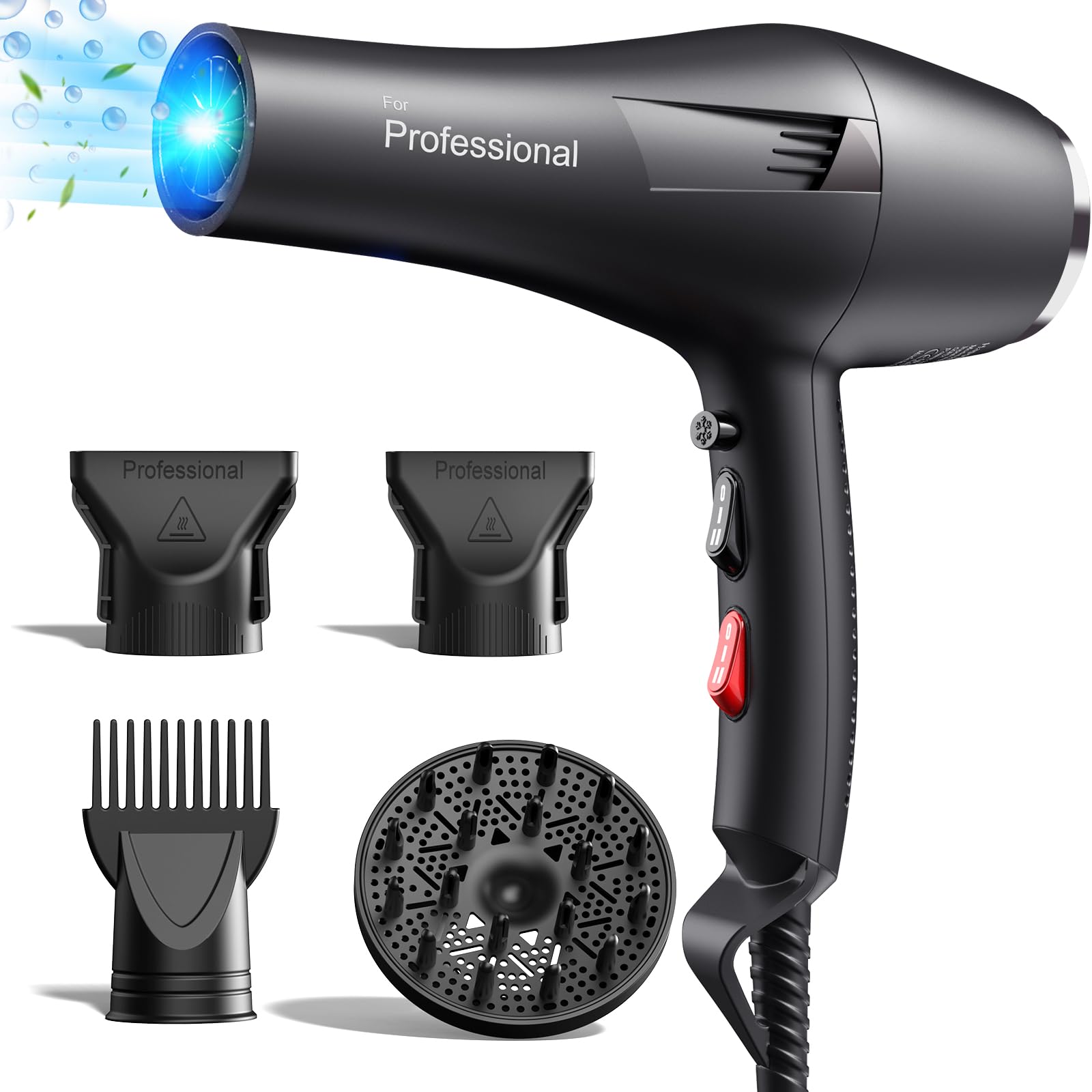 HappyGoo Hair Dryer Professional Ionic Hair Dryer with 1 Diffuser, 2 Styling Nozzles, 3 Heaters and 2 Speed Levels (Starry Black)