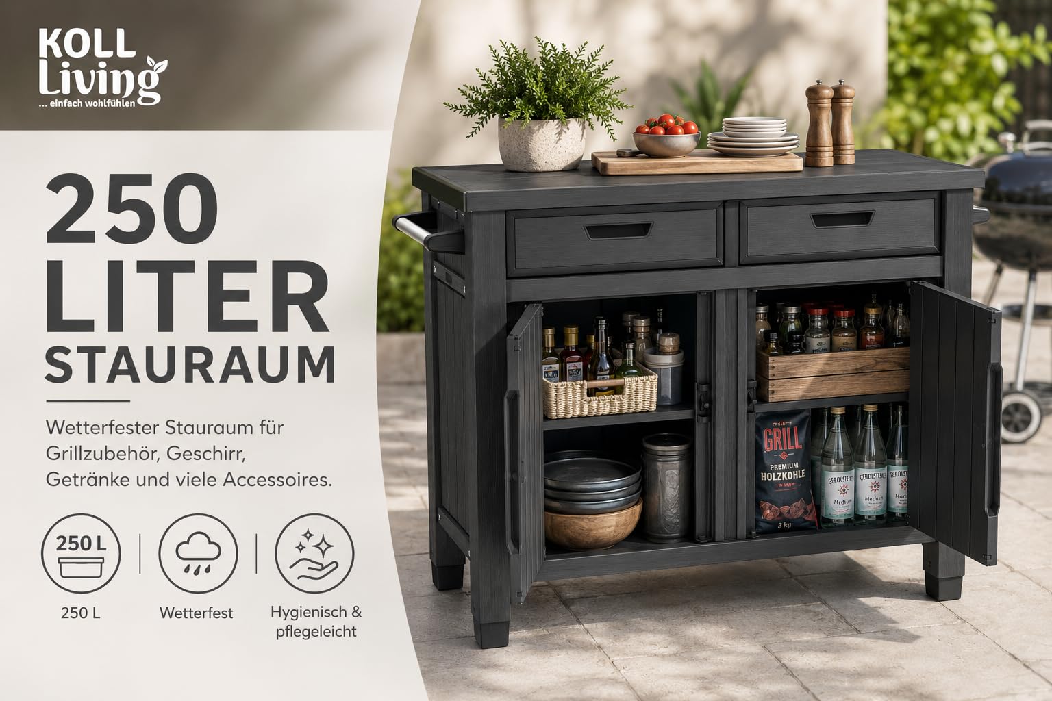 Koll Living Tavolino/tavolino XXL – Tavolo da servizio multifunzionale con ampio spazio – resistente alle intemperie – effetto legno