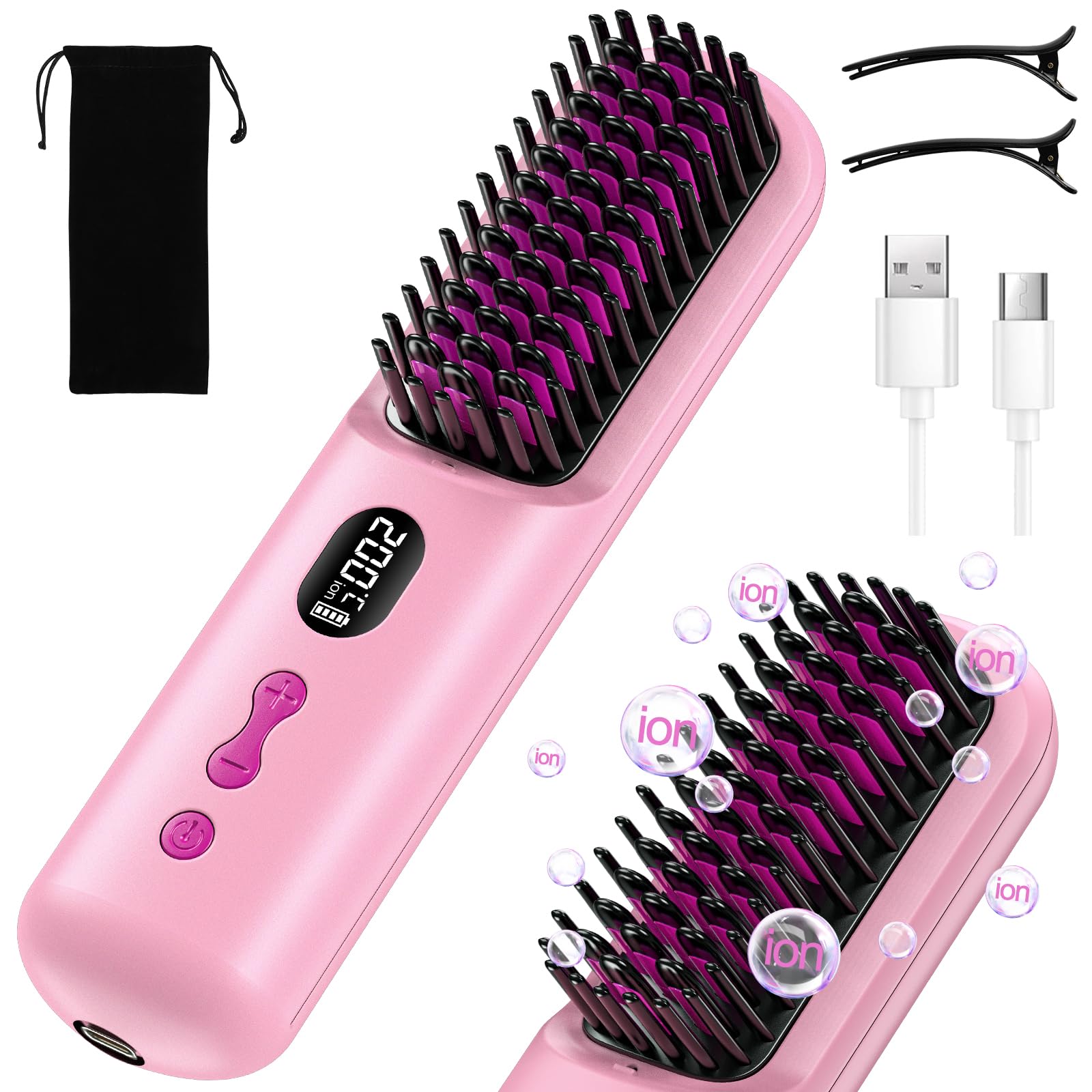 HOMELYLIFE Cordless Hair Straightener Brush, Portable Hair Straightener Brush for Travel, Negative Ion 9600mAh USB Rechargeable Heated Straightening Brush Hot Comb for Women Beard Straightener for Men