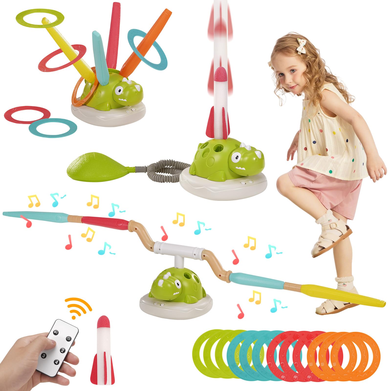 3 in 1 Musical Garden Jump Sportspielzeug, Outdoor Dinosaurier Kinder Launcher Sportspiel, Musical Jump, Ring Toss Game, Rocket Launcher Spielzeug für Kinder im Alter von 3-12 Jahre alt