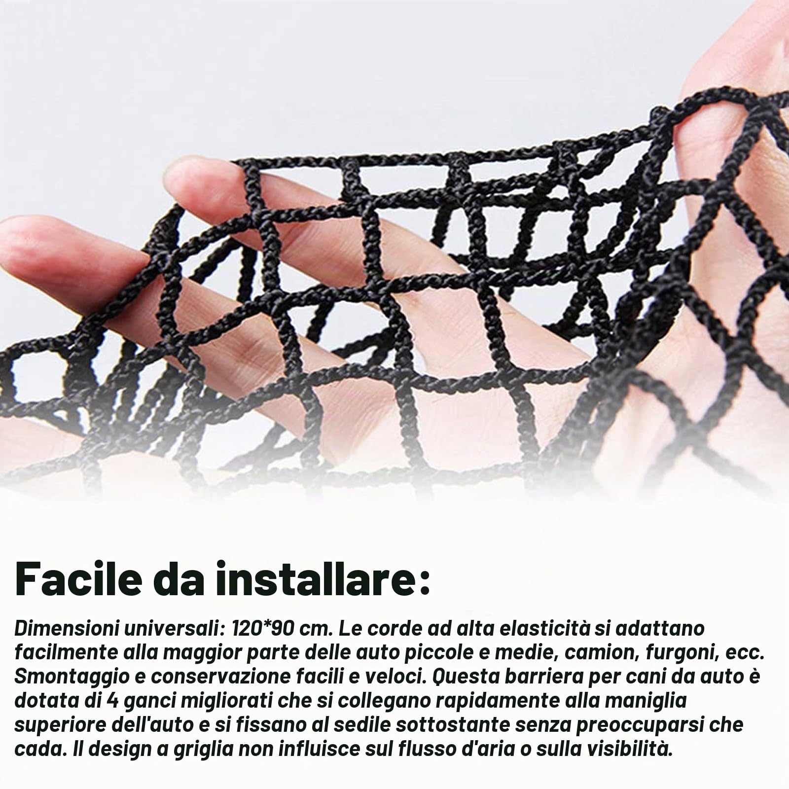 Sporgo Rete di Recinzione per Cani: Griglia per Auto e Bagagliaio, Barriera di Isolamento Auto Regolabile, Rete di Sicurezza per Cani, Griglia Divisoria per Bagagliaio per Cani con 4 Ganci, 120x90cm