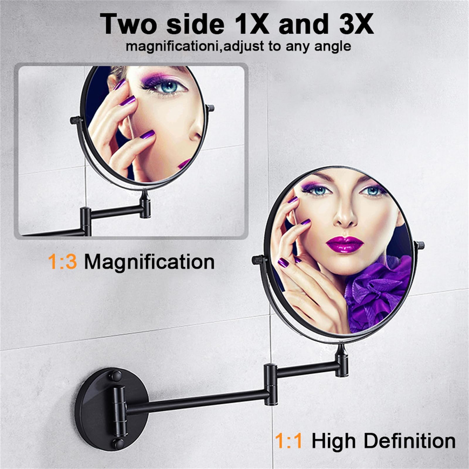 YSOLDA Espejo de Aumento de Doble Cara 1X y 3X, Espejo de tocador Plegable montado en la Pared, Espejos cosméticos Ajustables giratorios, Espejo de Afeitar de Aluminio Espacial para baño,Negro,8inch