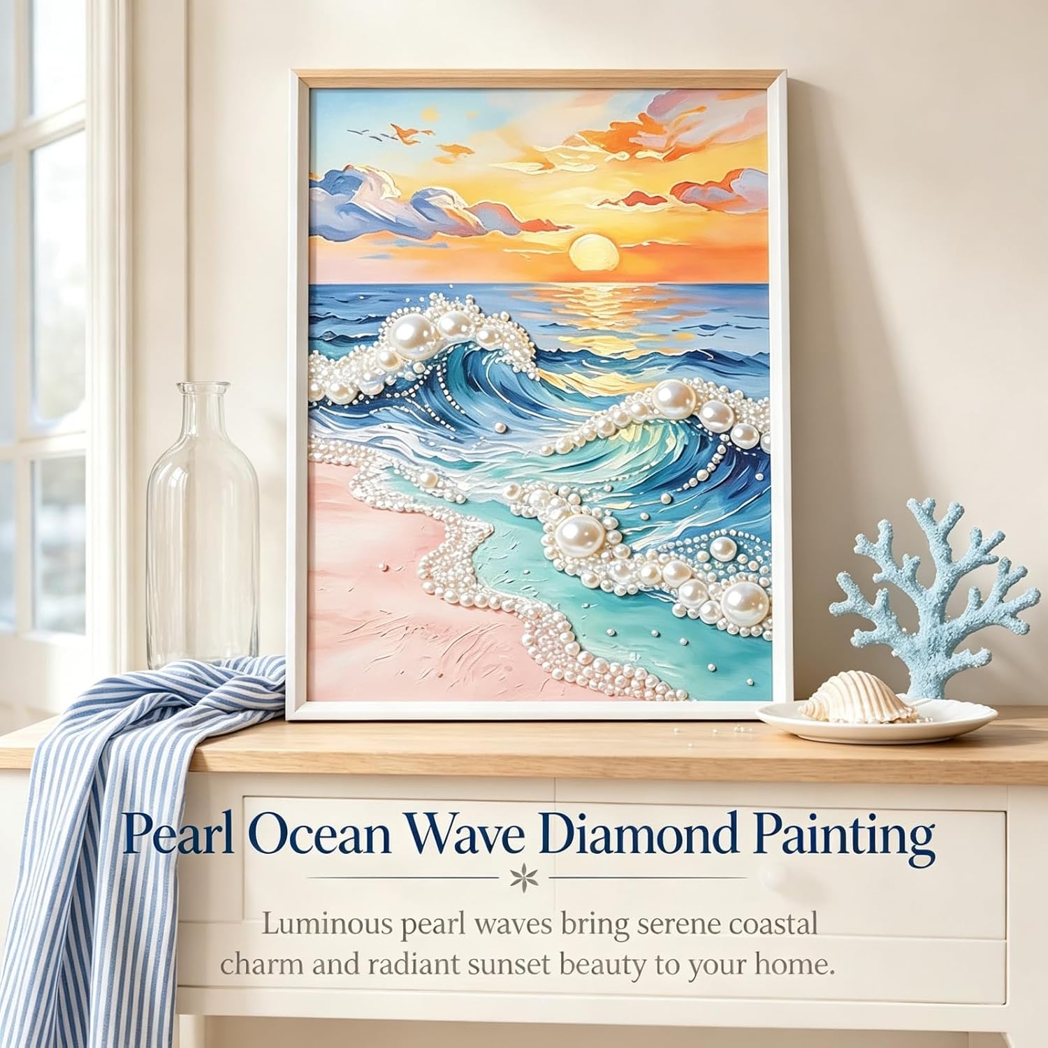 5D Beach Sunset Pearl Diamond Art kits for Adults Beginners 12x16inch