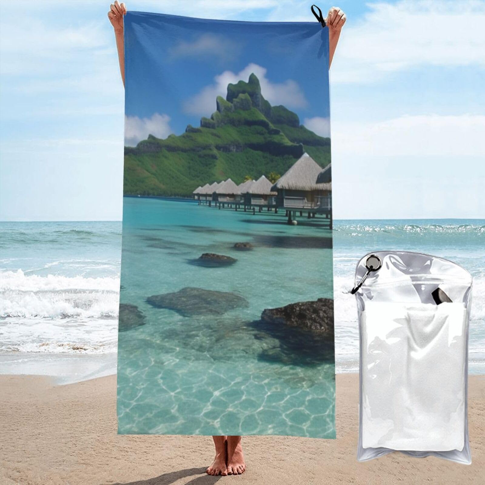 BWWHCCTI Tahiti Beach Printed Microfiber Quick Dry Beach Towel 80x160 CM, Fast Drying Bath Towels with Bags for Travel,Camping,Gym,Beach,Swimming,Yoga