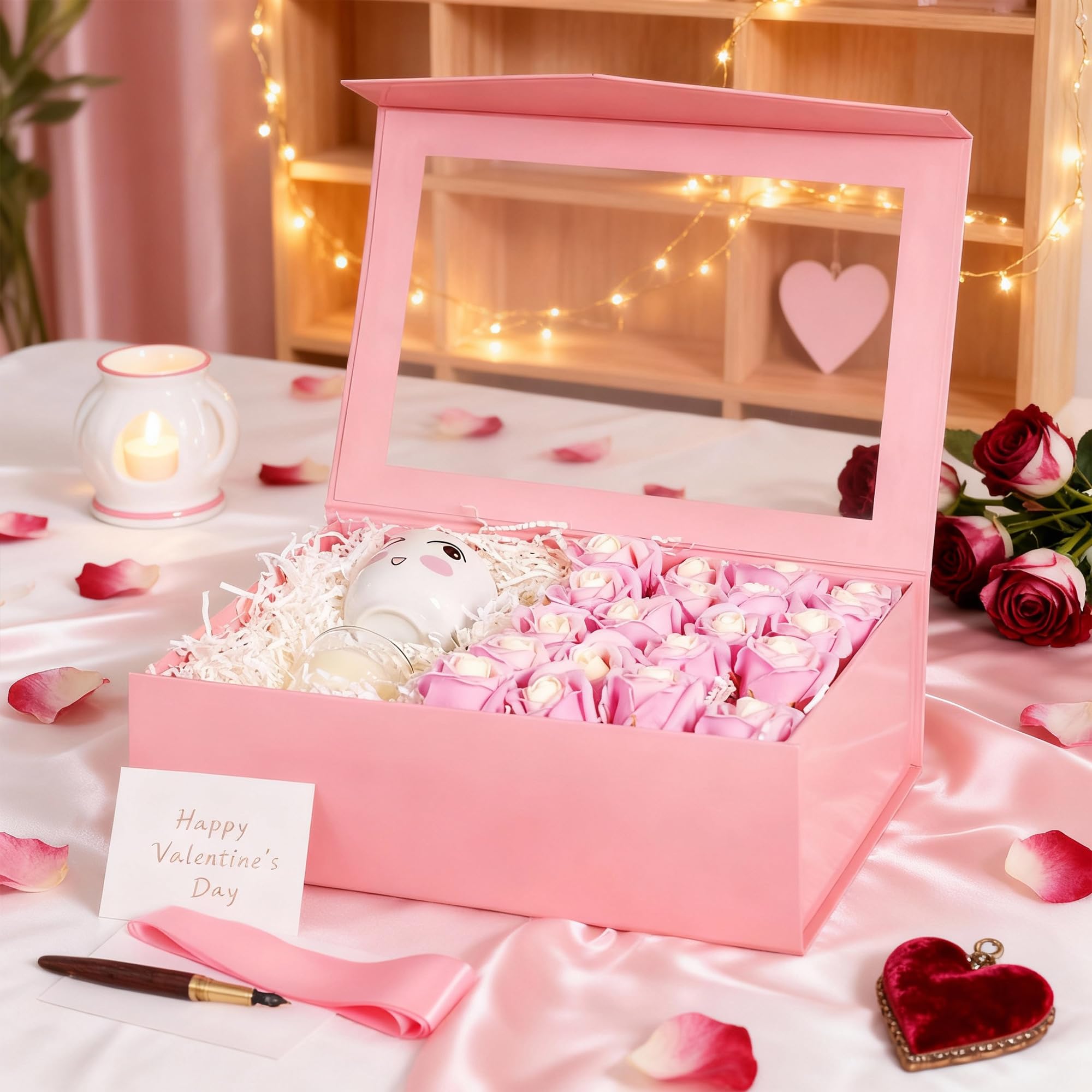 PACKQUEEN 5 große Geschenkboxen mit Fenster, 34.9x22.9x10.4 cm, rosa Geschenkboxen für Geschenke, Brautjungfer-Antragsboxen, extra große Geschenkboxen mit magnetischen Deckeln (glänzendes Rosa)