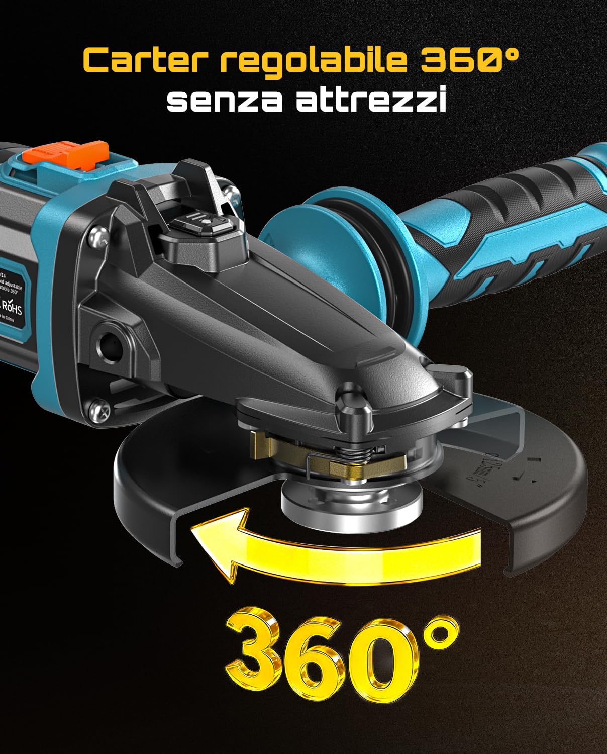 SEESII Smerigliatrice Angolare 21V - Batteria 5.0Ah + Regolazione Velocità | Testa piatta, 6 velocità (12000 giri/min), Stop anticaduta + Ripartenza + Avvio morbido + Sovraccarico, Dischi 115-125mm