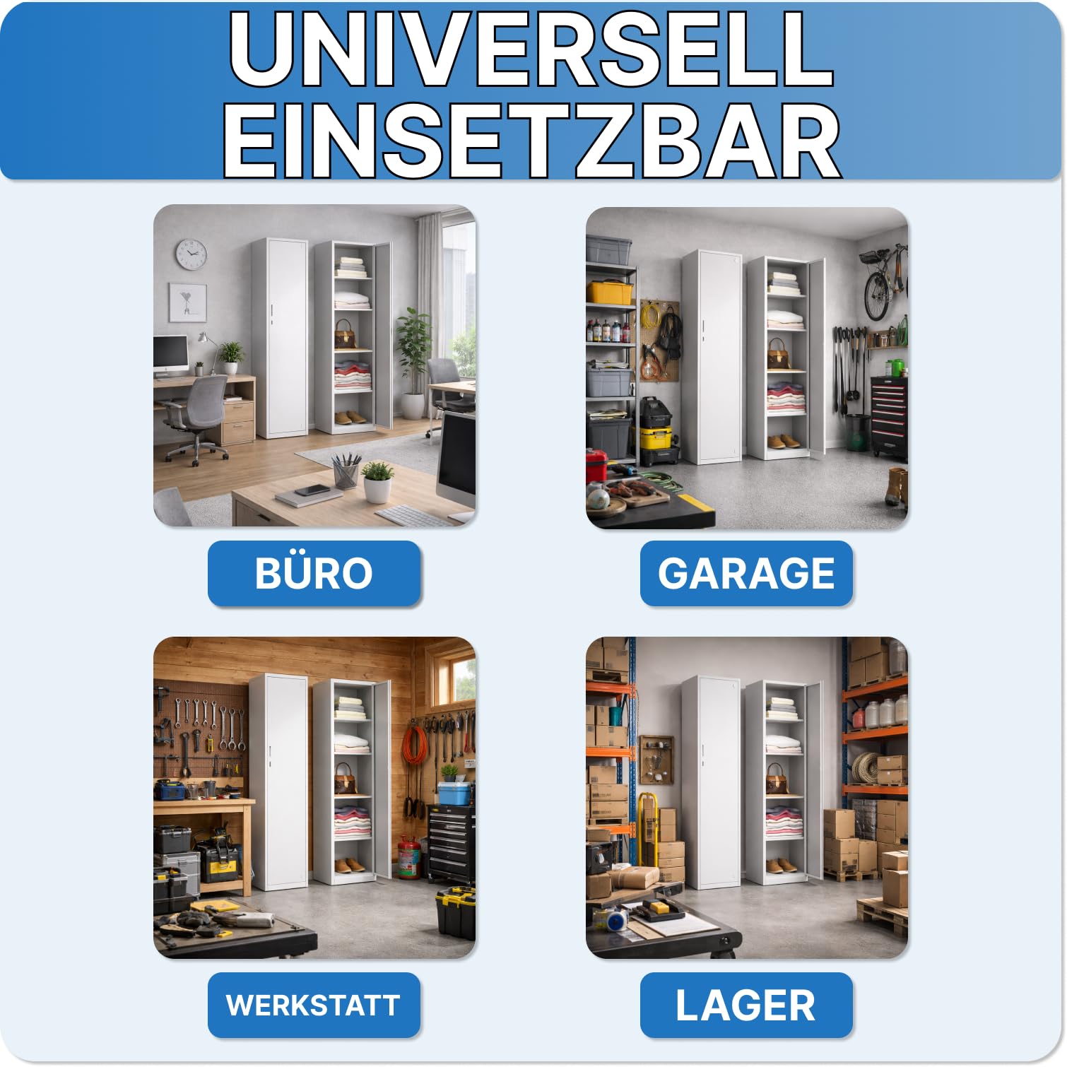 Putzschrank abschließbar [180 x 85 x 42 cm] – Geräteschrank aus Metall mit 2 Türen, Schloss, Halterung & Türfächern – Besenschrank für Reinigungsgeräte, Haushalt & Gewerbe (Grau)