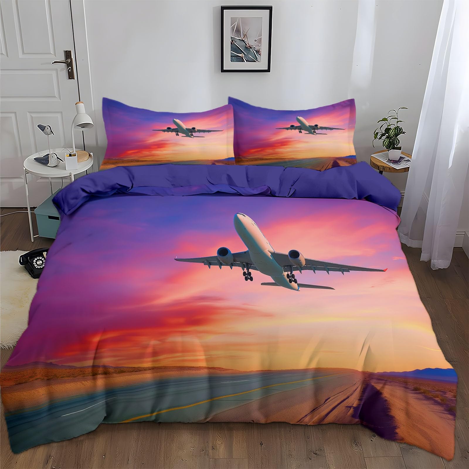 Generisch Pościel z mikrofibry, 200 x 200 cm, fioletowe niebo, pustynia, samolot, dla dziewcząt i chłopców, 3-częściowa poszewka na kołdrę z zamkiem błyskawicznym i 2 poszewki na poduszkę 80 x 80 cm