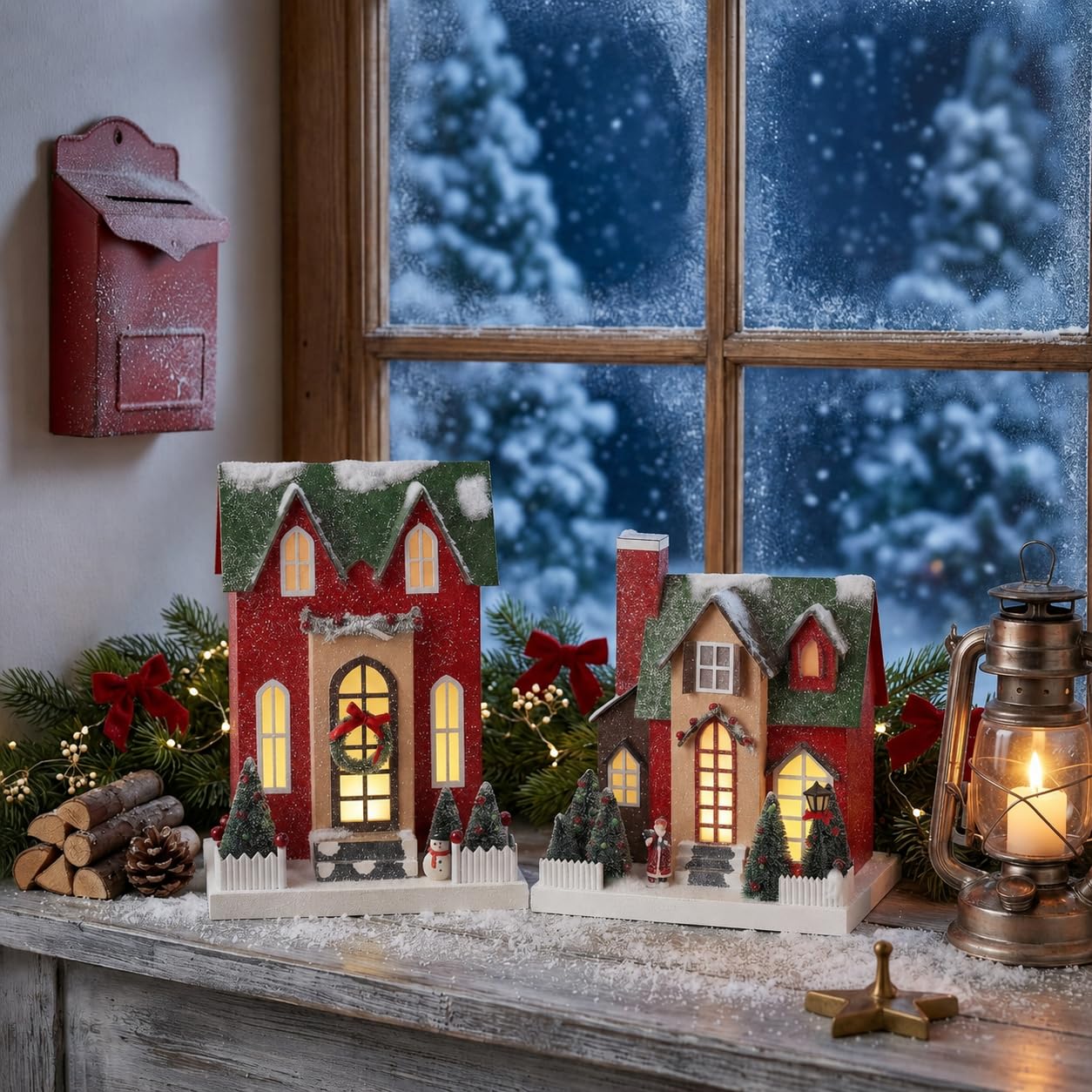 Regency International Set di 2 statuette LED in cartone, casa di villaggio, 26,9 cm, colore: rosso/verde argento/rosso