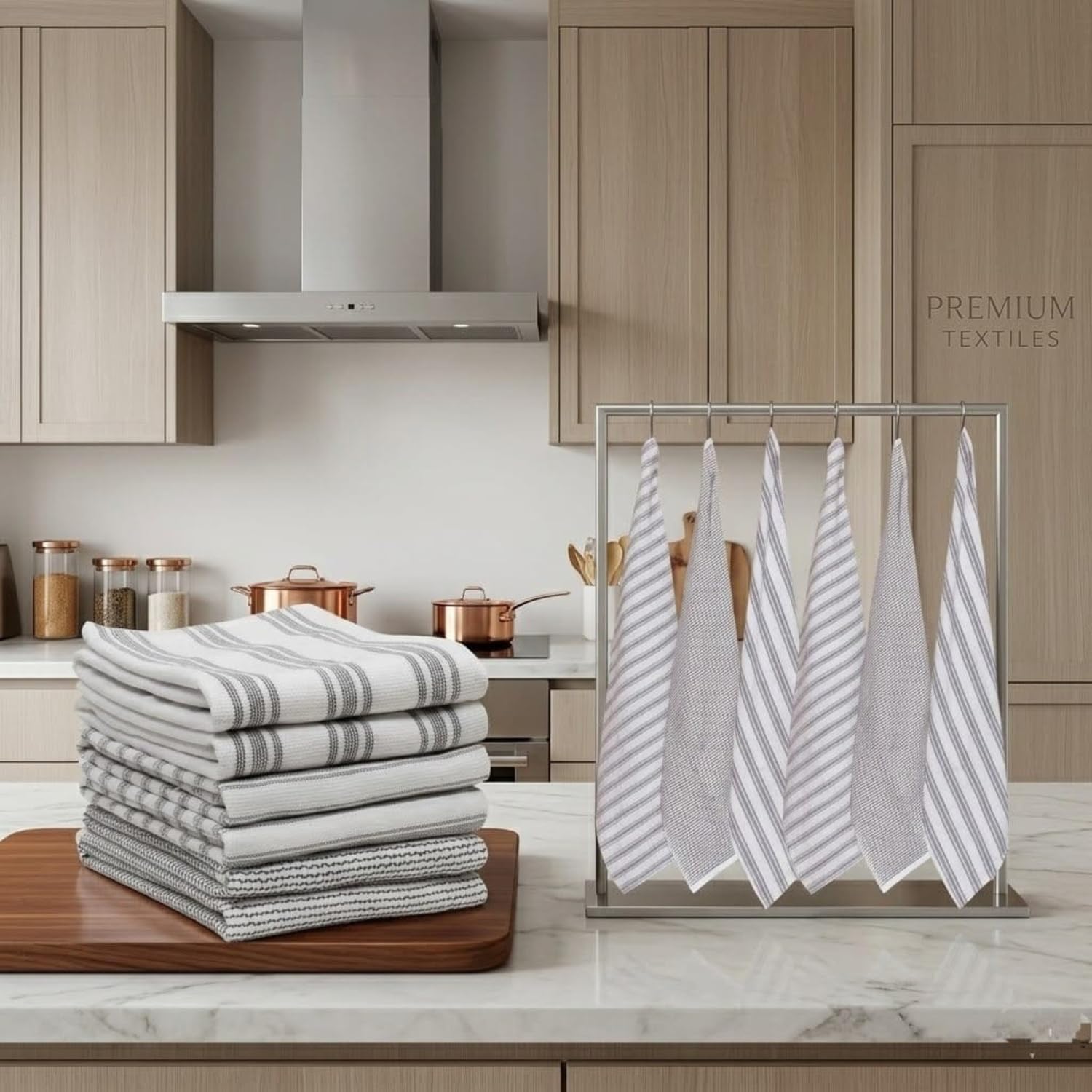SYDR Premium Kitchen Towel (18”x 28”, 6 Pack), Cotton Kitchen Hand Towel, One Side Terry Dish Towel, Highly Absorbent Set with Hanging Loop, Grey