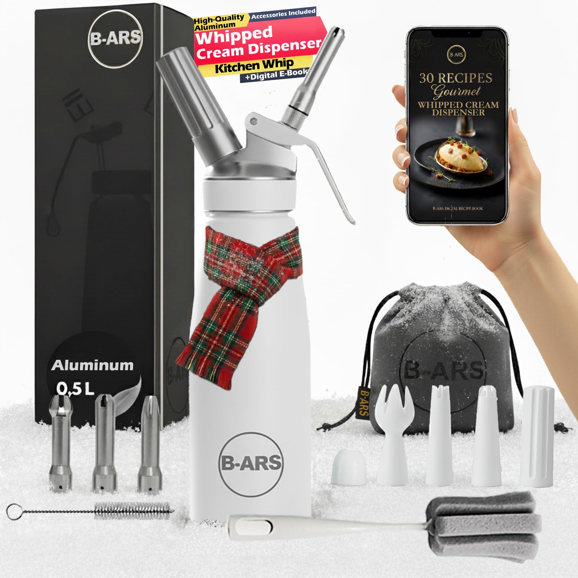 B-ARS Whipped Cream Dispenser-Professional Dispenser-Whip Cream Dispenser -Whipping Siphon-Whipped Cream Maker-Cream Whipper-Aluminum Whipped Cream Dispenser 500 ml. (White)