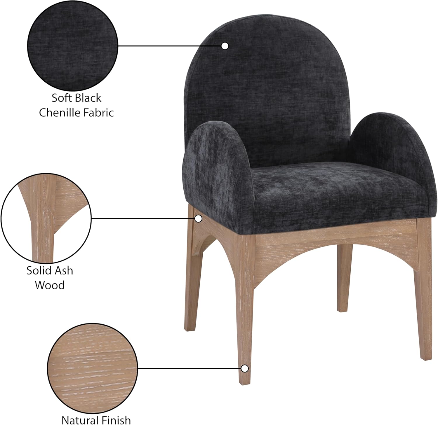 Meridian Furniture Waldorf Black Chenille Fabric Dining Arm Chair