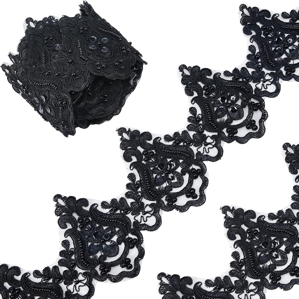 TNKBREEZE 5 Yards Black Embroidery Lace Trim Polyester Embroidery Scalloped Trims Embroidered Flower Ribbon Bead Wave Pattern Ribbons for Sewing Wedding Dress Embellishment Home Decor