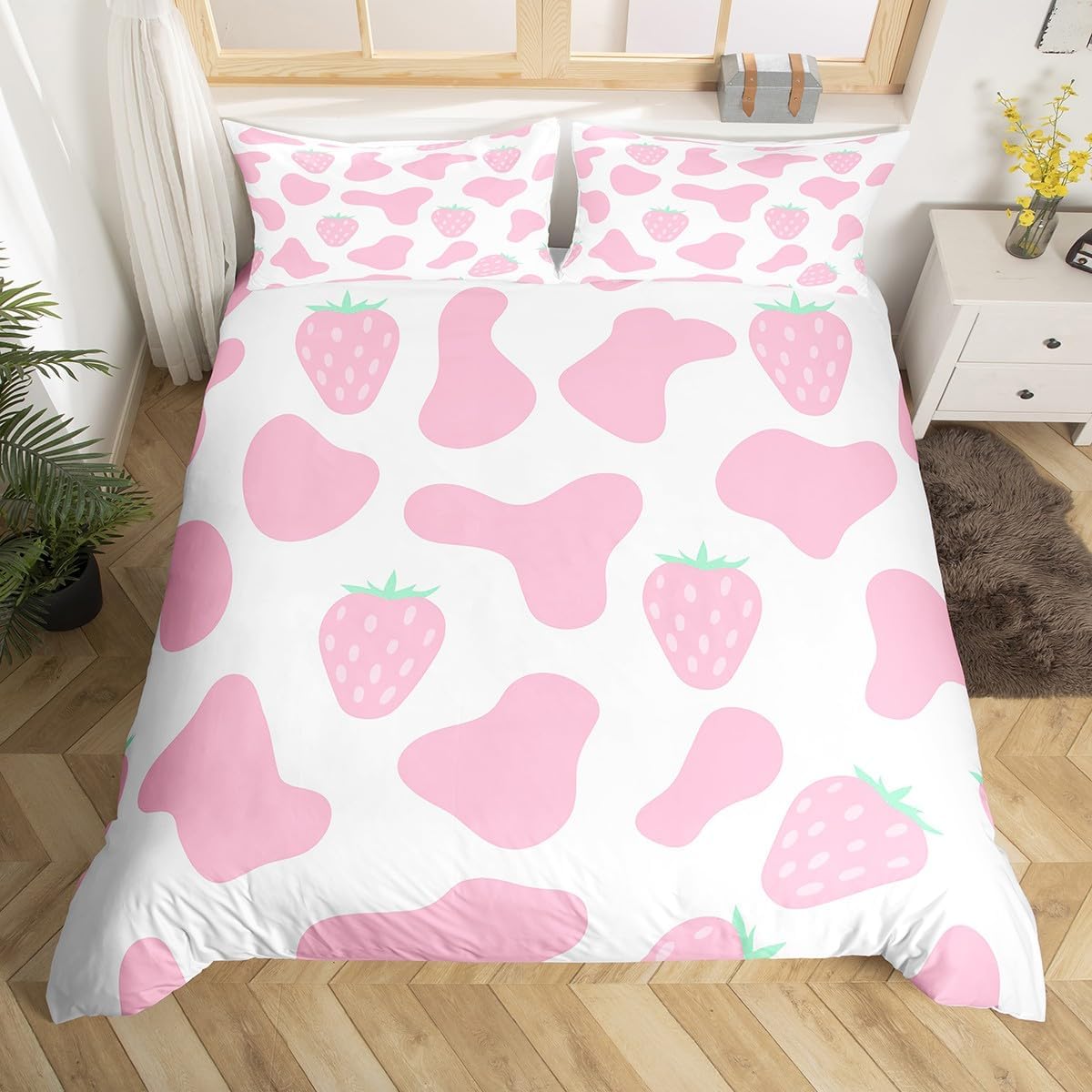 Strawberry Milk Cow Bedding Set Queen,Pink Cow Comforter Cover for Boys Girls,Kids Animal Print Duvet Cover Set Strawberries Bedspread Cover Fashion Teens Bedroom Decor Bed Collection(No Comforter)