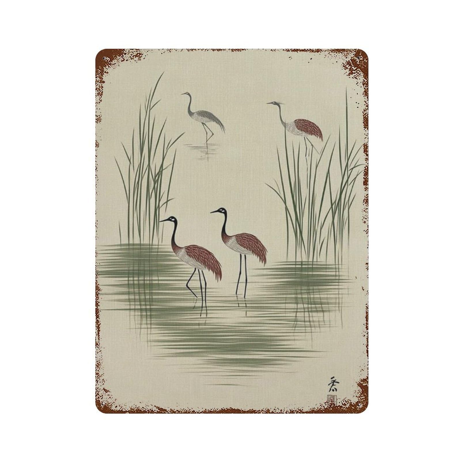 xiaoxiaoshen Crane Bird Minimal Japanese Style Nature Wildlife Wall Decor Art Metal Tin Poster Modern Home Decor Art Home Bar Shop Decorations Vintage Sign 40x30cm