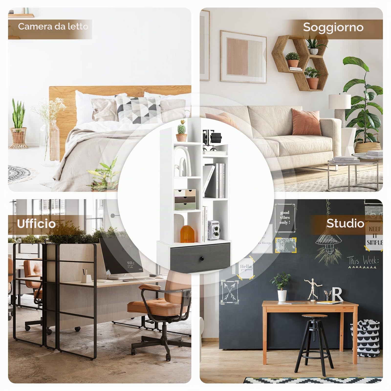 HOMASIS Libreria a 7 Livelli Con Cassetto, Scaffale Verticale Bianco da Terra in Legno, d'Angolo per Soggiorno, Ufficio, Camera da Letto, 53 x 24 x 118 cm