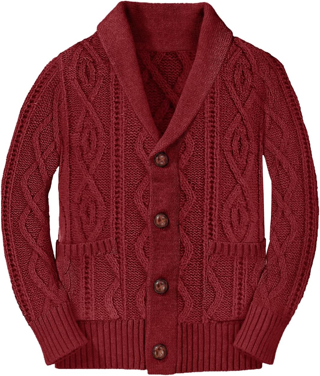 Boy's Sweater Cardigan Button Down Shawl Collar Cable Knitted Outwear Long Sleeve Sweater Coats with Pockets