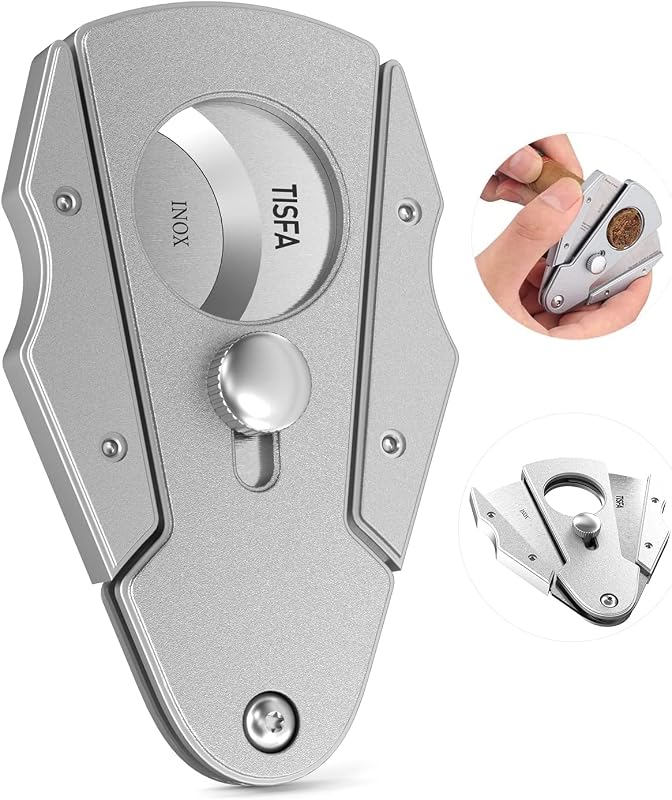 Cortador de cigarros TISFA Cuchilla de doble corte de acero inoxidable con bloqueo de seguridad | Guillotina de cigarros, tijeras cortadoras de cigarros afiladas con estuche de cuero