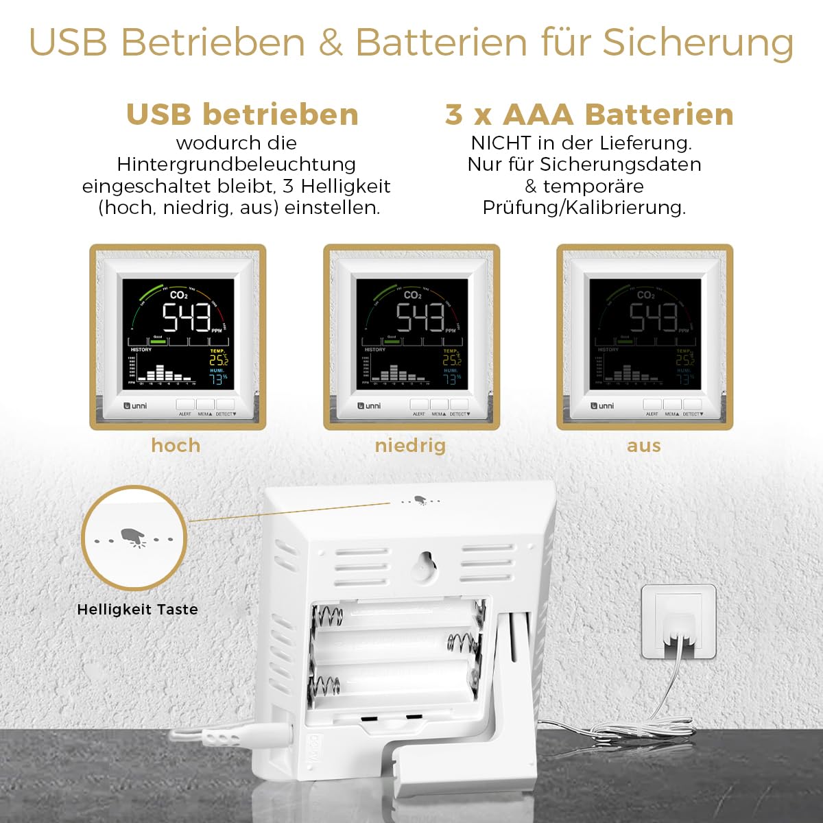 CO2 Messgerät, 5 CO2 Melder-Konzentrationsstufen Lüftungsempfehlungen Weiß | USB und Batteriebetrieb mit 3 Helligkeitsstufen Alarm CO2 Werte Temperatur Luftfeuchtigkeit CO2 Historisches Diagramm