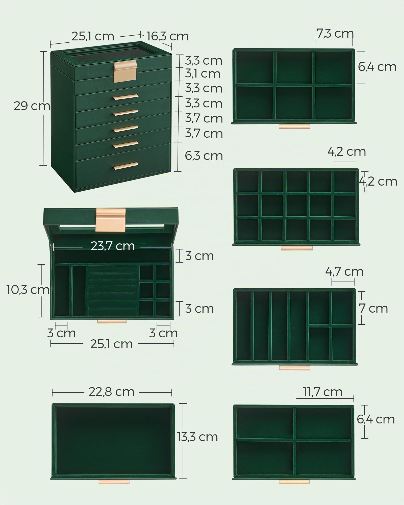 SONGMICS Colección GISELLA - Caja de Joyas, Caja Joyero de 6 Niveles, Estuche de Joyería, con 5 Cajones, Gran Capacidad, Estilo Moderno, Verde Bosque y Dorado, 16,3 x 25,1 x 29 cm JBC171C01