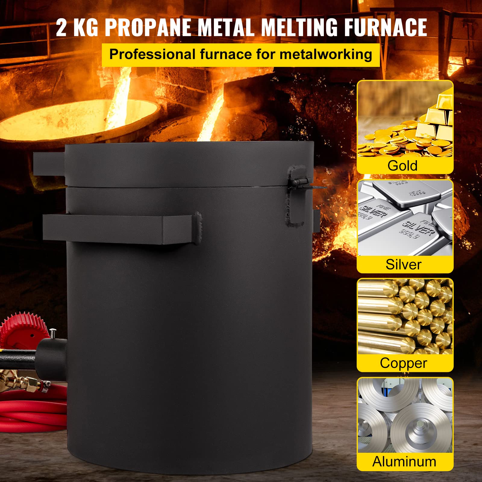 VEVOR Forge à Gaz Propane Four Fusion 76,8 kW·h avec Creuset Graphite 2 kg, Four de Fusion de Métaux 1350℃ Temps de Fusion 10 min avec Brûleur à Gaz pour Fondre Cuivre Or Argent Aluminium Zinc Noir