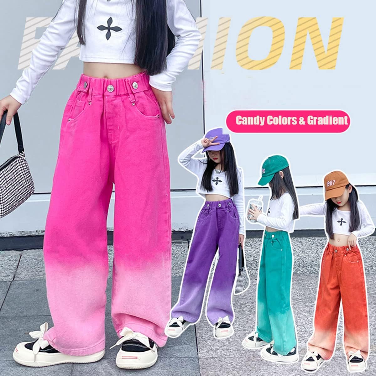 Girls' Baggy Jeans Candy Colors High Rise Elastic Waist Wide Leg Washed Denim Pants Size 5-14 Years … - Image 5