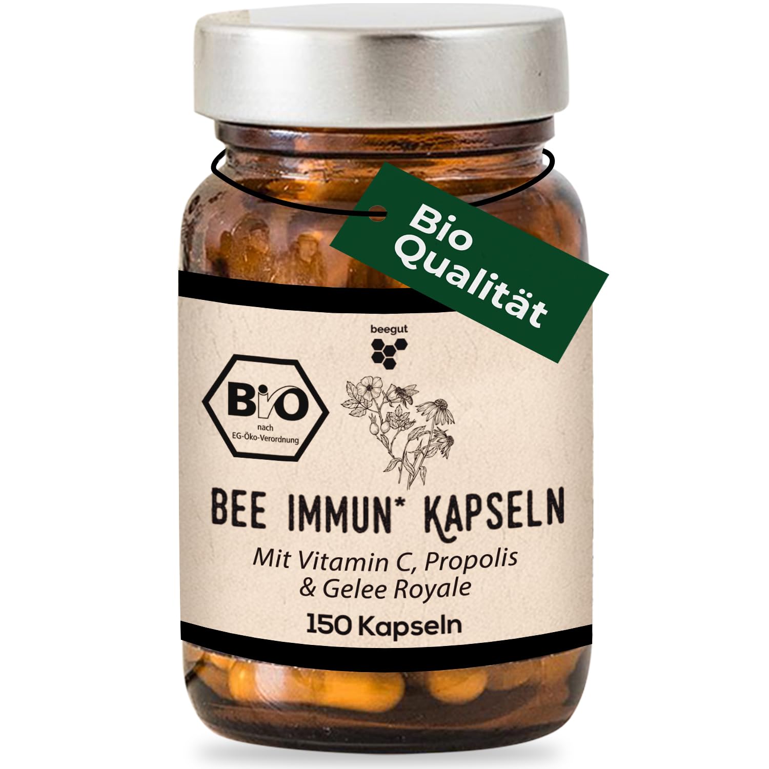beegut BIO bee Immun Komplex – 150 Kapseln mit Propolis, Echinacea, Vitamin C (Acerola), Hagebutte, Reishi & Gelee Royal – mit Vitamin C für dein Immunsystem* & tägliche Ernährung