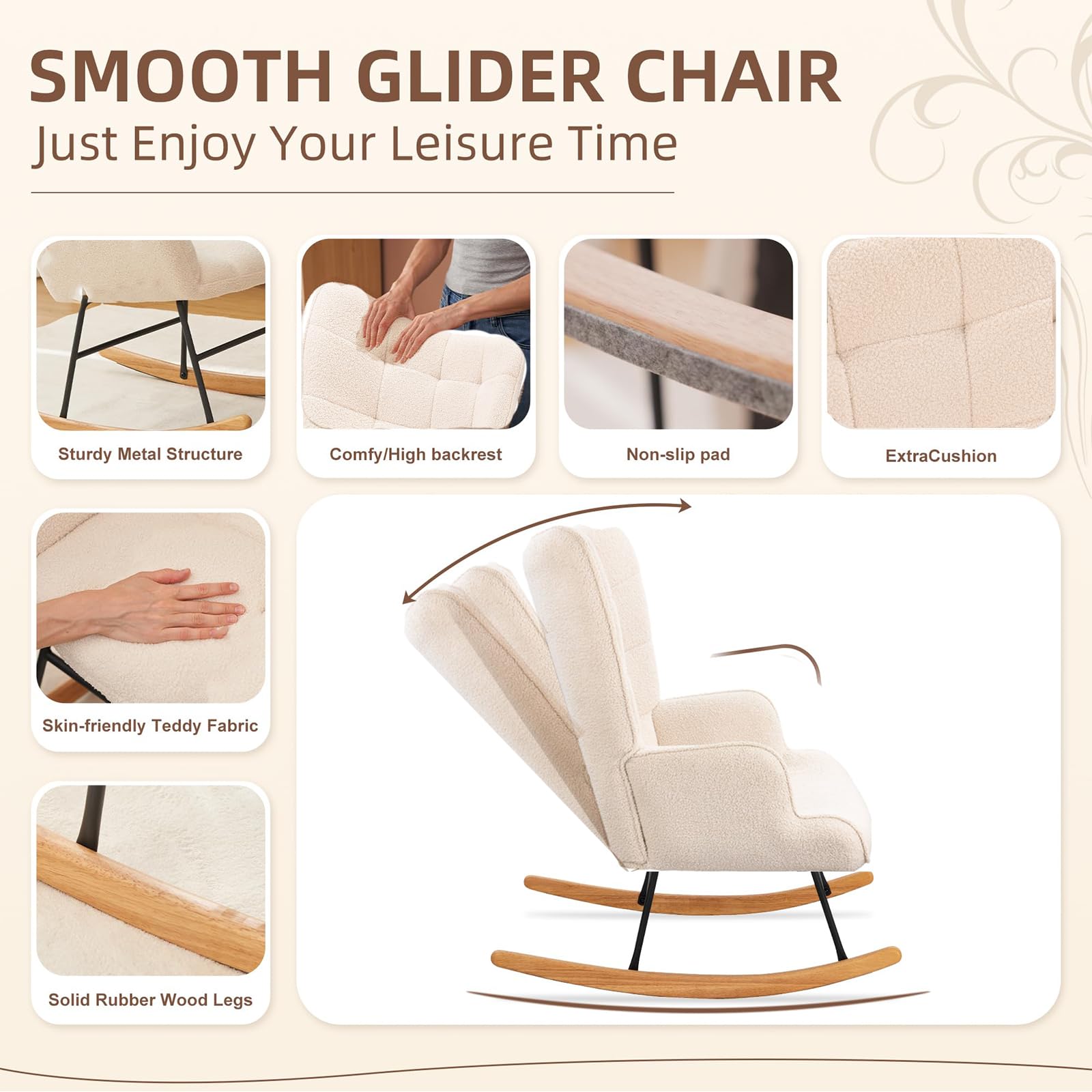 Fauteuil à bascule avec polaire Sherpa, bois massif et cadre en métal, fauteuil à bascule avec dossier haut, fauteuil de salon avec assise rembourrée, jusqu'à 130 kg, beige, DEZplsZM31924