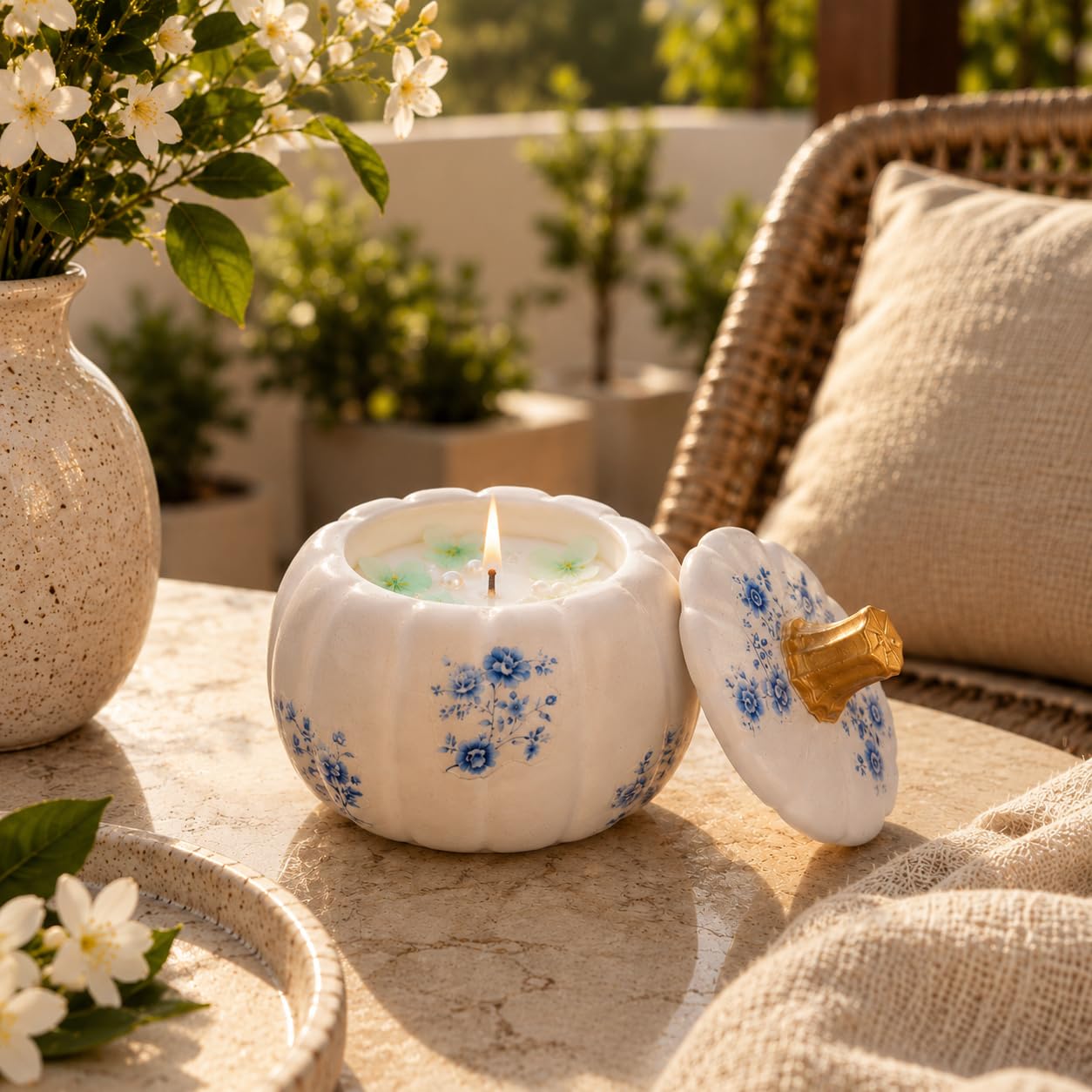 Imperial Blossom Jar Candle | Handmade Soy Wax Scented Candle in Luxury Ceramic Pumpkin Jar with Wooden Wick | Premium Home Décor & Gift for Birthday Anniversary Wedding-image-31